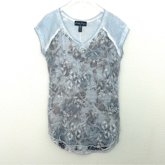 Sundance Gretty Zueger Tee Shirt Top Embroidered Floral V-Neck Blue Size Medium - Picture 1 of 13
